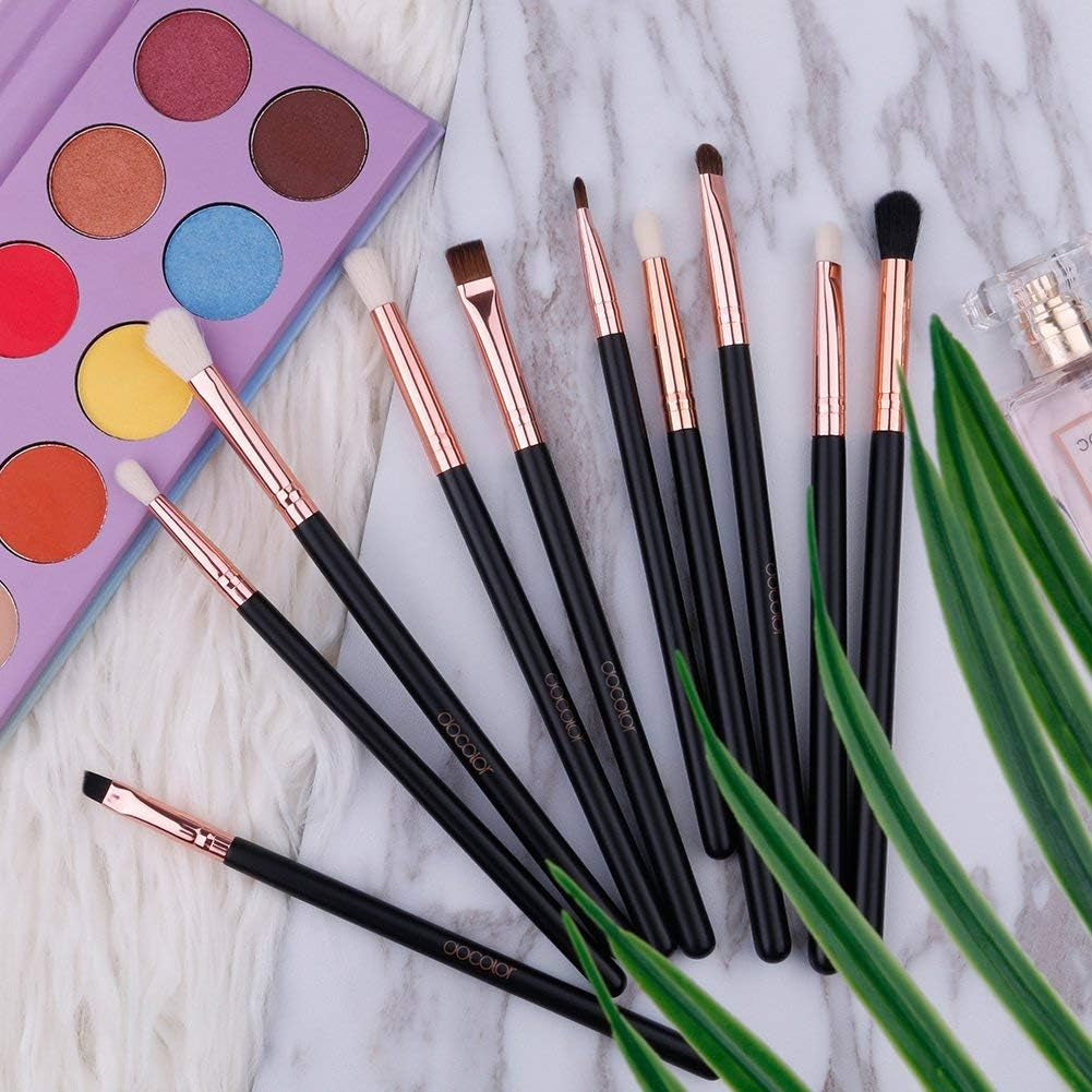 Eyeshadow Brushes, 10Pcs Eyebrow Brush Eyeliner Concealer Brush Eye Makeup Brushes Set Professiona Make up Brush Kit with Gift Box (Black with Rose Gold,Wooden Handles)